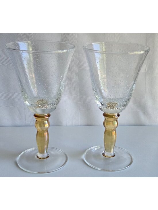 Pottery Barn Other - Pottery Barn Bubble Hand Blown Heavy Wine/Water Glasses Amber Stem Set of 2